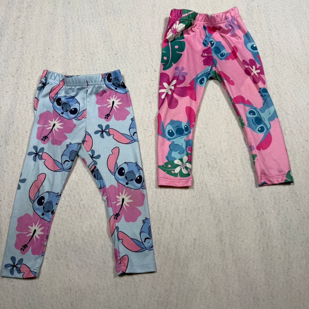Disney Stitch Toddler Girls Leggings 2 Pack Blue Pink Floral Tropical 2T 494